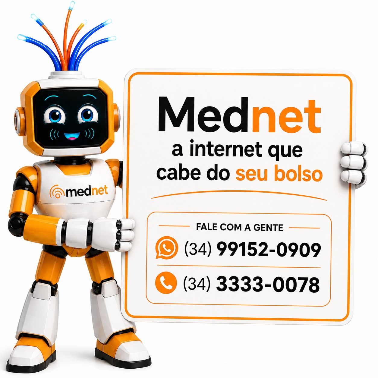 Mascote robô MEDNET apresentando canais de atendimento